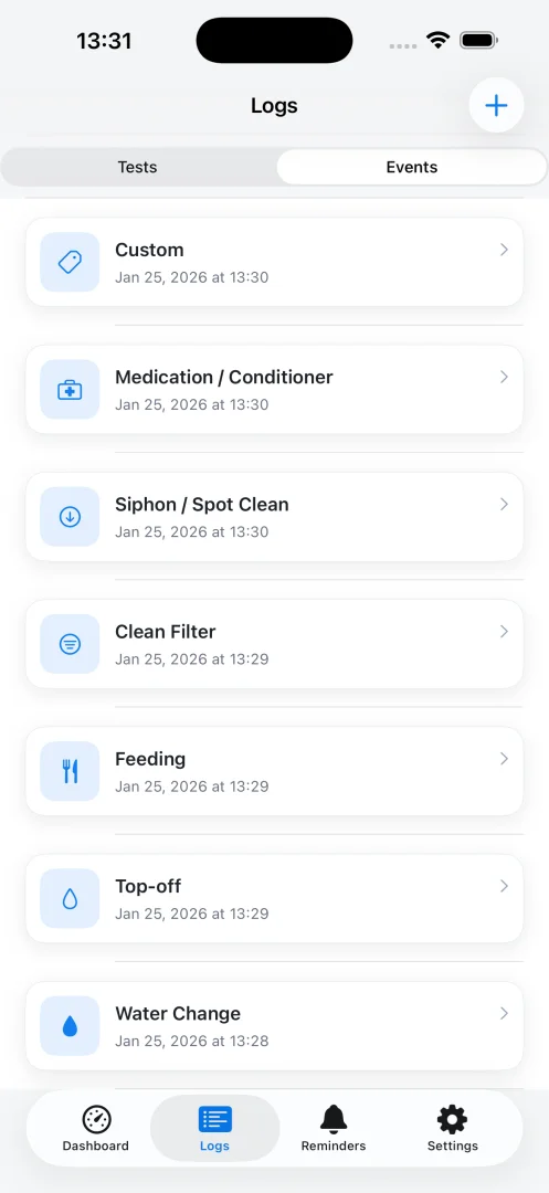 FishTank Diary care log with feeding, water change, filter cleaning and siphoning entries