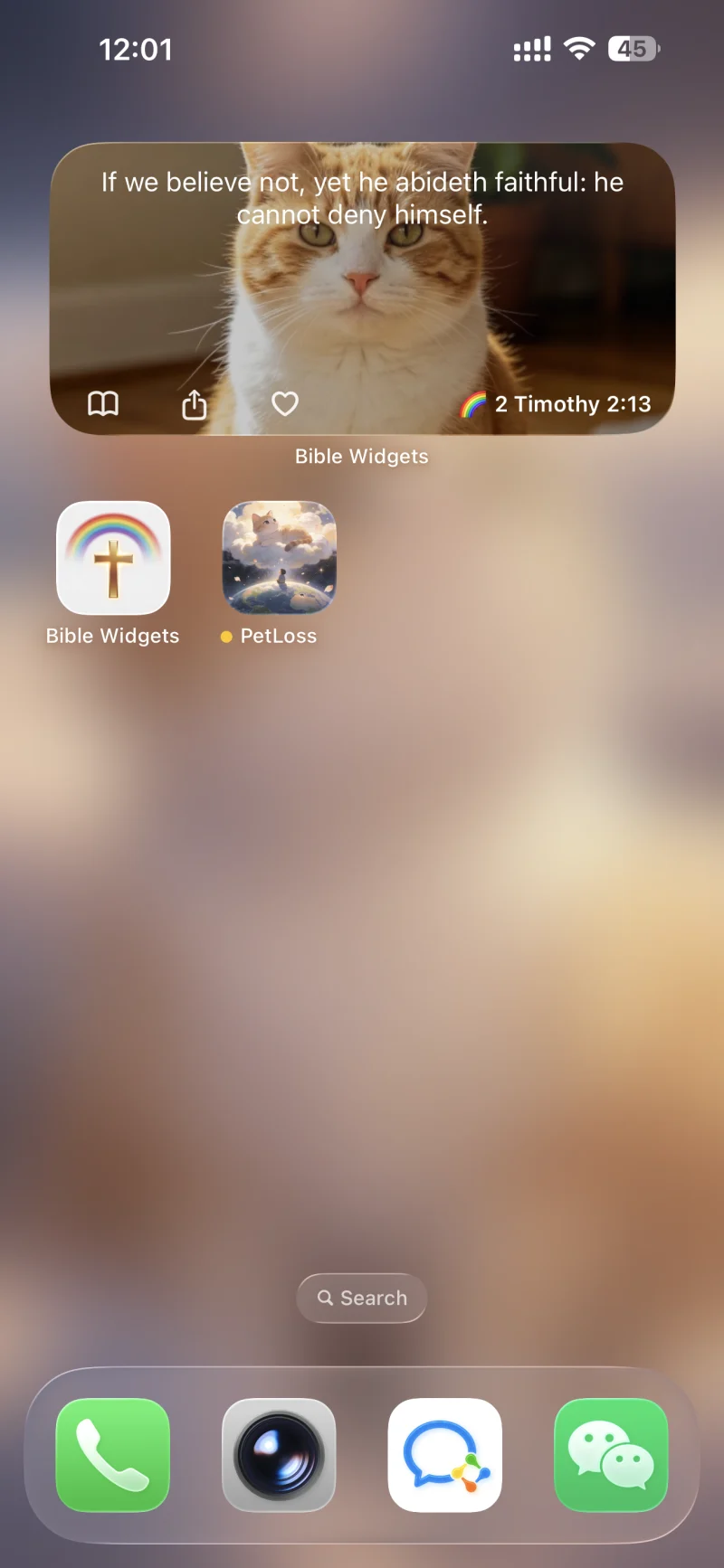 Rainbow Bible home-screen widget showing 2 Timothy 2:13